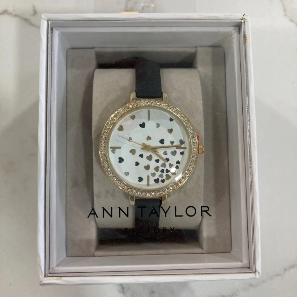 Ann Taylor Factory Crystal Heart Print Black Leather Band Watch